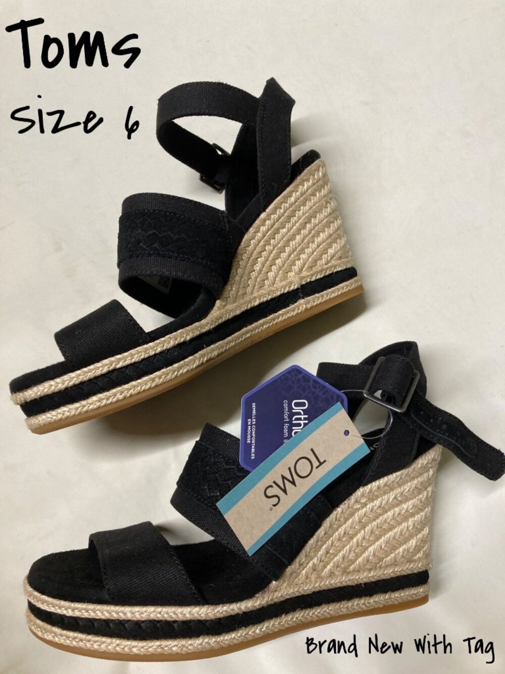 Toms Madelyn Braided Wedge Sandal for Women - Black, Size 6, New with Tag